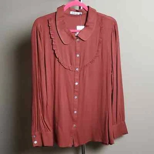 JustFab Rust Button Down Long Sleeve Frill Chest Blouse NWT - Picture 1 of 4