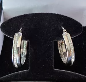 Rhodium Over Sterling Silver Inside/Outside Diamond-Look Hoop Earrings 3.90 Gr - Picture 1 of 4