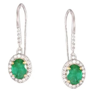 1.15ct Natural round Diamond emerald 14k white gold Anniversary Hook earrings - Picture 1 of 5