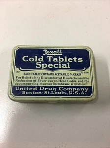 Tabletas frías vintage Rexall lata de medicina United Drug Company vacías - B1 - J1 - Imagen 1 de 6
