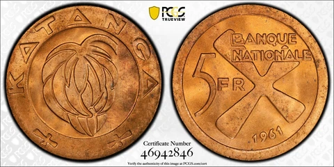Katanga (Congo) 1961 5F & 1F PCGS MS64RD (set of 2 coins)  w/ Katanga Cross Cover