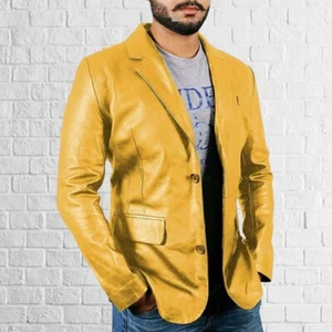 Genuine Yellow Lambskin Leather Casual Button Blazer Jacket for Men New Coat - Picture 1 of 3