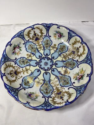 "Antiguo cuenco pintado a mano NPSK Japón de 10"" de ancho azul y floral de los años 1870 a 1880" Foto 1 de 4