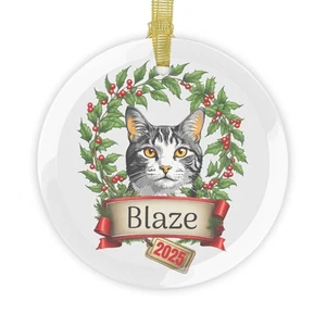 Custom Holiday Pet Cat Glass Ornament - Black Tabby - Picture 1 of 5