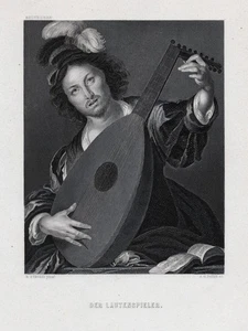 Der Lautenspieler. Originaler Stahlstich n. Strozzi  um 1870 - Picture 1 of 2