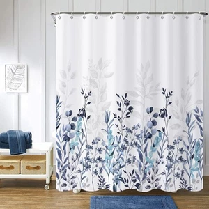 Blue Shower Curtain, Teal Blue and Grey Watercolor Floral with Leaf Botanical... - Picture 1 of 8