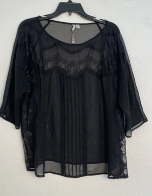 LC  Lauren Conrad sheer Top Women's Size XL Black Pleats peasant tunic with lace - Image 1 of 4