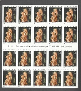 Scott #3536 – 2001 34¢ Traditional Christmas: Madonna and Child - Pane of (20) - Picture 1 of 2