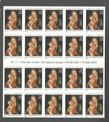 Scott #3536 – 2001 34¢ Traditional Christmas: Madonna and Child - Pane of (20) - Image 1 of 2