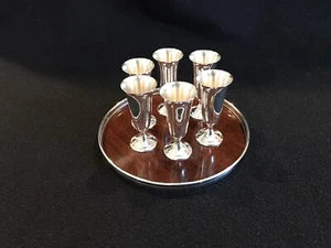6 Alvin Sterling silver Cordials & Sterling Rimmed Laminated Plastic Tray - Picture 1 of 10