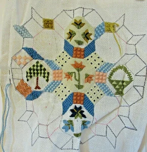 VINTAGE UNFINISHED NEEDLEPOINT CANVAS Star Pattern Blue Pink Mauve - Picture 1 of 8