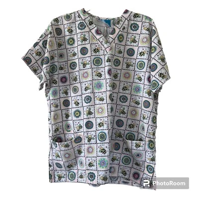 HQ Women’s Bee Flower Medical Nursing Scrub Top V Neck Size Medium - Image 1 of 4