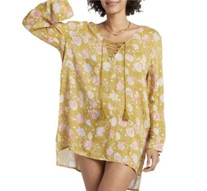 Billabong Modal Viscose Beach Swim Floral Boho Cover Up Mini Shirt Dress Green M - Picture 1 of 13