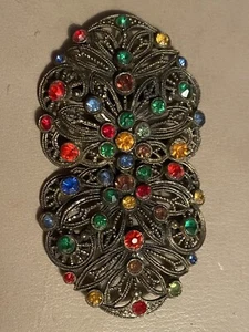 Antique Victorian Two Part Ornate Belt Buckle Gold Tone Multi Color Stones - Picture 1 of 8