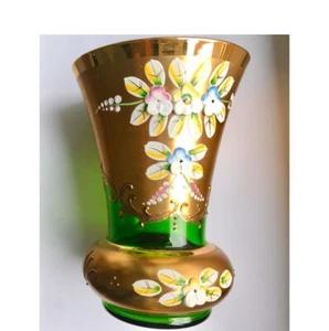 24 Karat Gold Böhmisches Glas Vase Grün 14,30cm Emaille Blüten 50s - Bild 1 von 8