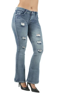 Womens Juniors \ Plus Size Butt Lift Push Up Destroyed Ripped Flare Jeans - Picture 1 of 18