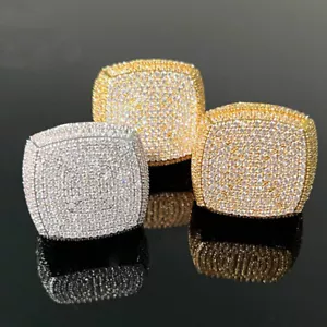 Hip Hop Full 5A Zircon Square Ring BLING 18K Real Gold Plated Thumb Finger Ring - Picture 1 of 8