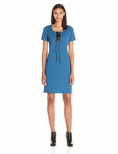 Ny Collection Women's Size Small Faux-Leather Lace-Up Shift Dress Retail $60.00 - Picture 1 of 6