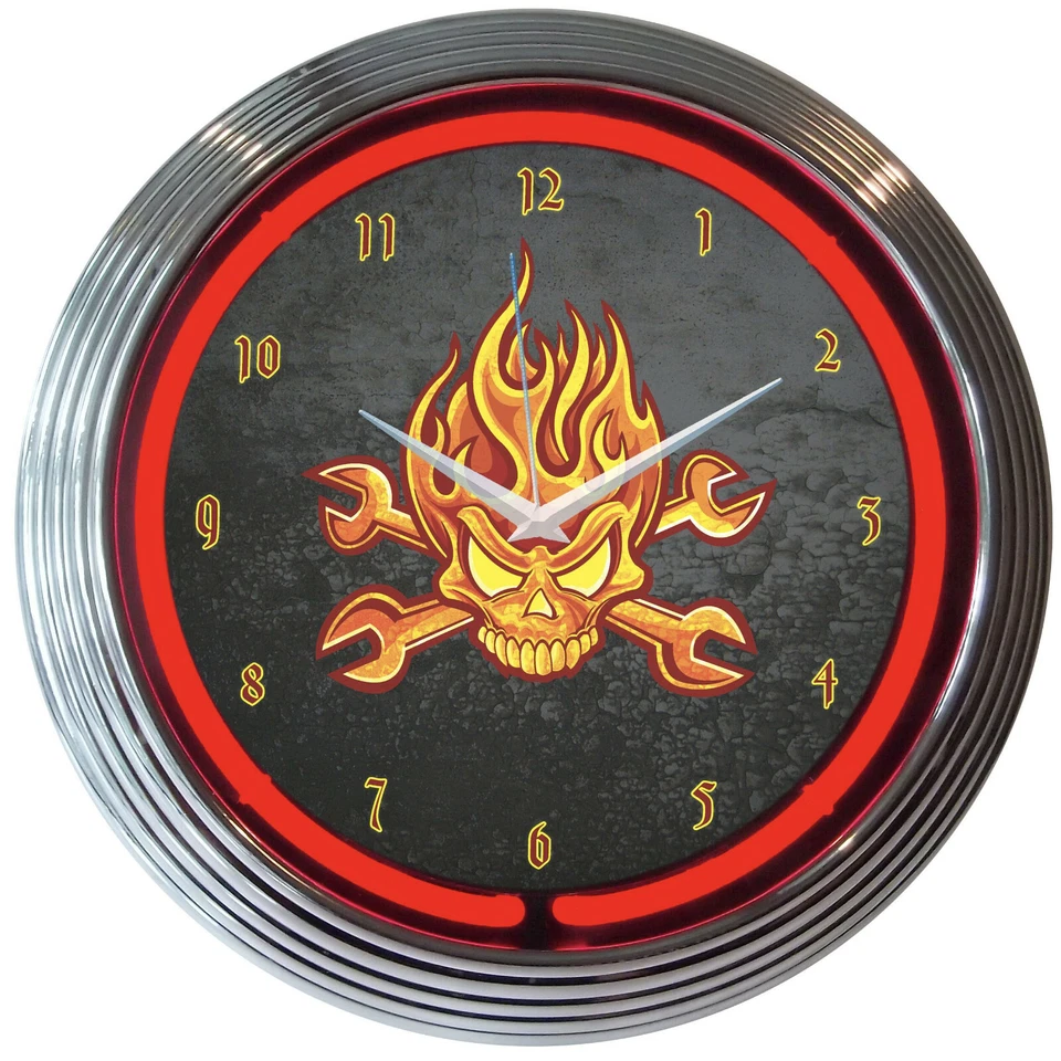 Mechanic Fire Skull Cross Wrenches Red Neon Hanging Wall Clock 15" Wide 8MFIRE - Image 1 of 1