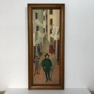 Vintage Street Scene European Folk Art Naive Oil Painting - Picture 1 of 10