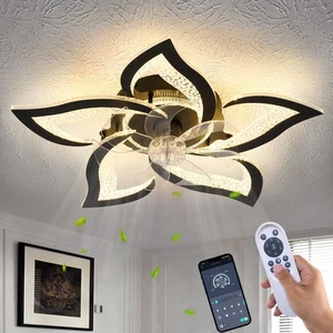 27" Black Geometric Ceiling Fan Lights with Remote, 6 Speeds Adjustable Low P... - Picture 1 of 8