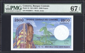 Comoros 2500 Francs 1997 P13 PMG Superb Gem Uncirculated 67 EPQ - Picture 1 of 4