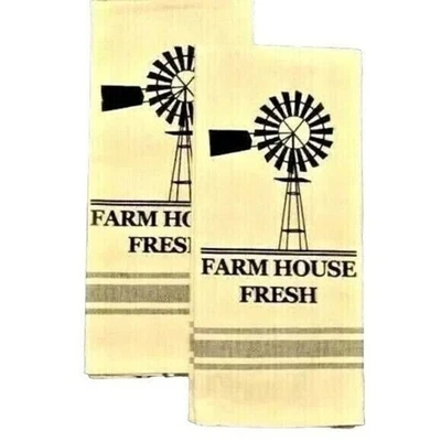 Farmhouse Fresh Water Pump Kitchen Towels 2-Pc Natural Color Gray Stripes Gift - Image 1 of 3