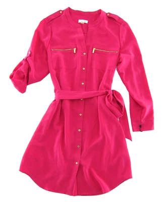 NWT Calvin Klein Hibiscus Pink Gold Button Down Long Sleeve Shirt Dress 12 - Image 1 of 4