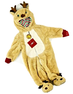 Cozy Plush Reindeer Suit Baby 6-9 Months 1pc Hood Footed Zip Christmas Halloween - Image 1 of 4
