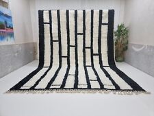 Moroccan Handmade Beni Ourain Rug 8'7''x11'8"  Berber Striped Black Wool Carpet