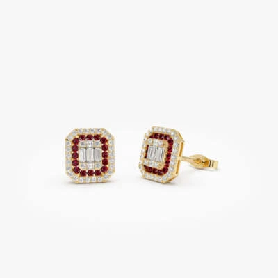 14k Solid Gold Baguette Round Diamonds and Ruby Halo Studs Earrings - Image 1 of 4