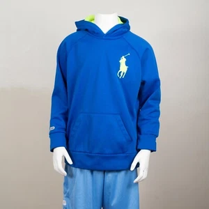 Boys Youth Polo Ralph Lauren Pullover Hoodie Big Pony Logo Blue Neon Yellow S - Picture 1 of 5
