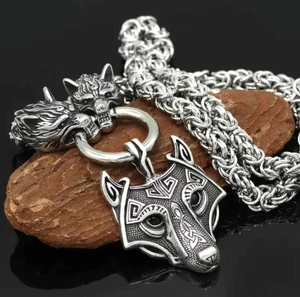 Men's Titanium Norse Viking Twin Wolf W/Thor Hammer Halloween Pendant Necklace - Picture 1 of 31