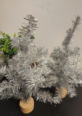 Pair of NEW Target 17" Tabletop Silver Christmas Tinsel Trees Wood Base  - Image 1 of 4