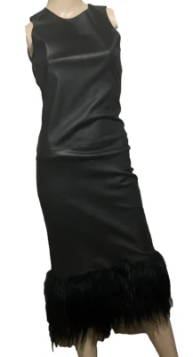 Vestido de cóctel Wes Gordon Runway negro cuero dobladillo de piel LBD XS / US 0 2 Foto 1 de 4