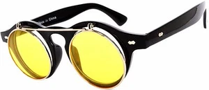 Gafas de sol abatibles C5 góticas retro círculo redondo de plástico marco negro lentes amarillas - Imagen 1 de 6