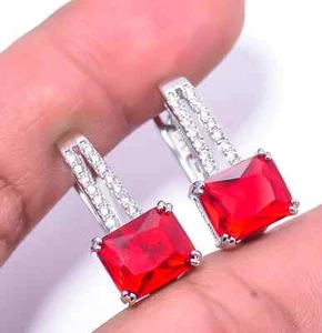 5Ct Emerald Cut Simulated Red Ruby 14k White Gold Silver Made Hoop Earring - Picture 1 of 5