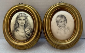 Two 1970s Giuseppe Tarantino Satin Prints Mother Child Gold Framed Art - EVC - Picture 1 of 13