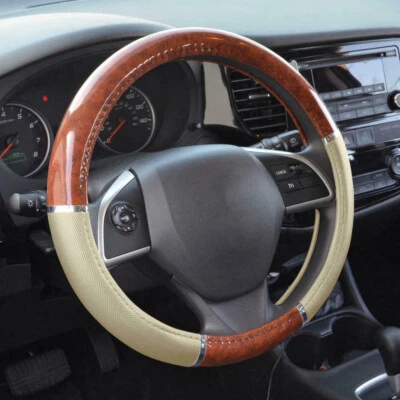 Wood Grain Car Steering Wheel Cover Accessories Good Grip Beige Syn Leather - Image 1 of 4