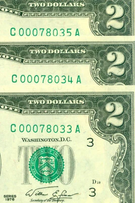 1976 2 Dollar Bill  FDOI x 3 (Low serial #) World paper money currency banknotes - Image 1 of 4