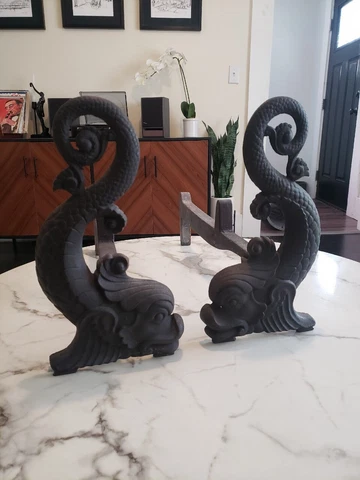 Vintage Pair of Dolphin Andirons for Fireplace Cover