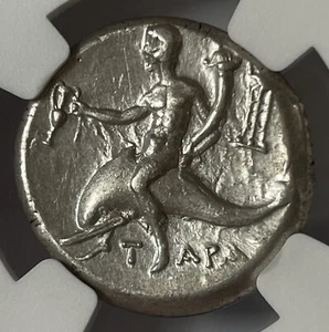 CALABRIA Tarentum 240BC NGC Ch XF Silver Didrachm Taras Horse Dolphin Coin D231 - Picture 1 of 4