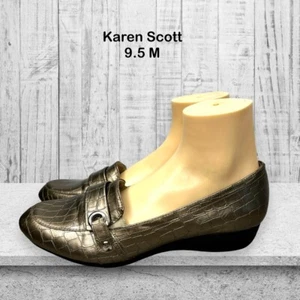 Karen Scott Bailey Metallic Gold Faux Croc Low Wedge Loafer Womens Size 9.5M - Picture 1 of 12