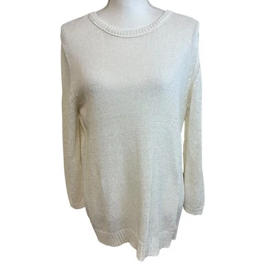 360 SWEATER Ivory White Linen Blend Knit Sweater Casual Sz M Relaxed Fit Travel - Image 1 of 4