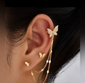 Gold Plated Stainless Steel 1pSet Butterfly Chain Earring Cuff with Stud Earring - Picture 1 of 4