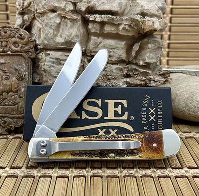 Case XX EE. UU. 6,5 Hueso Quemado Ciervo 65345 Acero Inoxidable Trampero con Clip Navaja de Bolsillo Foto 1 de 4