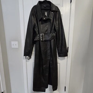 PrettyLittleThing Women's Long Faux Leather Textured Black Trench Coat 14 - Picture 1 of 21