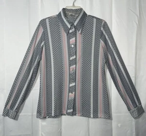 Vintage 70s REVE Woman’s Pink Gray Floral Striped Button Up Top Long Sleeve - Picture 1 of 14