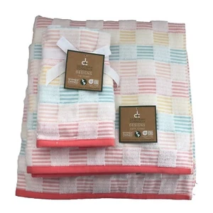 New Deborah Connolly Peach Yellow Aqua Pastel 2 Bath Towels & 2 Hand Tip Towels - Picture 1 of 4