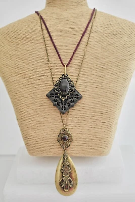 Lucky Brand 2 Strand Long Leather Cord Red Stone Pendant Teardrop Necklace - Image 1 of 4